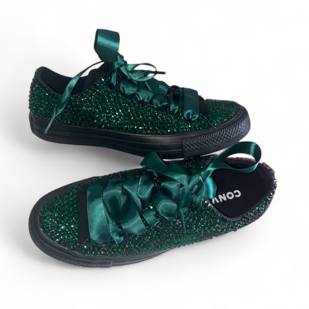 Emerald Green Crystal Low Top Converse Sizes 5-14 New In Box With Ribbon Laces - Picture 1 of 15